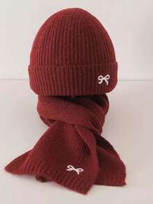 2 Pieces Boys' And Girls' Winter Knit Hat And Scarf Set – Featuring Adorable Bow Embroidery, Soft And Warm, Perfect For Winter Wear; Ideal Holiday Gift Set For Girls And Boys; Includes Matching Hat And Scarf, Suitable For Cold Weather And Casual Wear; Perfect Christmas And New Year Accessory. - Multicolor - View 7