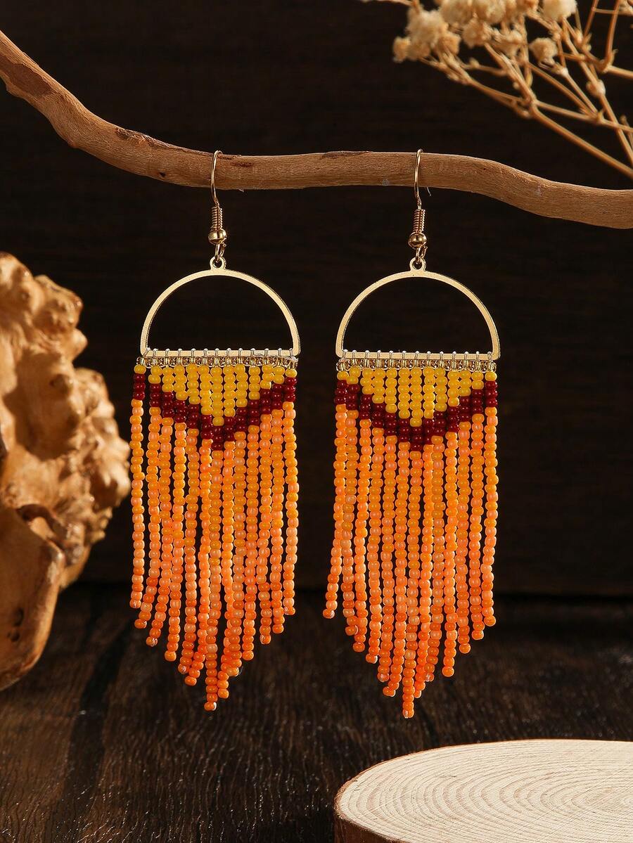 Handmade Beaded Earrings, Bohemian Style Vintage Half-Circle Solid Color Ombre Tassel Drop Earrings, Women's Fashion Earrings, Versatile For Daily And Holiday Wear, Great Gift Choice For Thanksgiving, Valentine's Day, Mother's Day