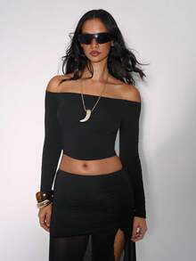 TypaGal Áo thun croptop nữ màu đen ôm sát, hở vai, màu trơn, thích hợp cho mùa thu đông, phong cách thể thao năng động hiện đại, thanh lịch, gợi cảm, thích đi chơi, dự tiệc. - màu đen - Xem 4