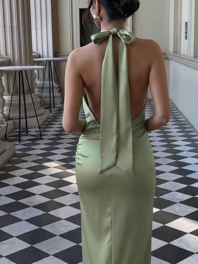 Basrey New Mint Green Elegant Women's Solid Color Tie Waist Pleated Backless Cocktail Dress, Mermaid Maxi Dress, Suitable For Weddings, Parties, Dates And Other Occasions Spring - Mint Green - View 2