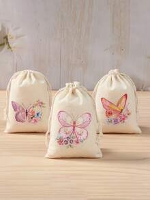 6件/1件亚麻蝴蝶抽绳迷你礼品袋，轻巧休闲可爱，粉色和紫色蝴蝶图案，附零钱包。这款多功能派对礼品袋非常适合迎婴派对、生日、主题庆典、圣诞节和万圣节。 - 米色 - 查看 4