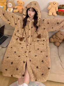 1set Women's Super Warm Teddy Fleece Hooded Bathrobe - Oversized Polka Dot Loungewear With Pom Pom Drawstring & Roomy Pockets, Ultra-Soft Plush Robe For Home Lounging, Book Reading Nooks, Cozy Movie Nights & Cold Winter Days Errands - Multicolor - View 7