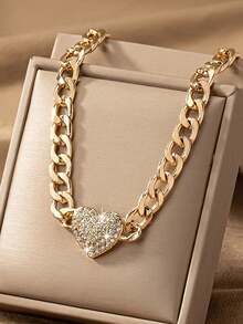 1 pieza Collar gargantilla con forma de corazón de rhinestone, adecuado para uso diario y fiestas (sin caja) - Collar de clavícula con corazón de oro - Ver 1