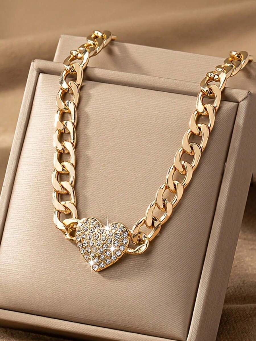 1 pieza Collar gargantilla con forma de corazón de rhinestone, adecuado para uso diario y fiestas (sin caja) - Collar de clavícula con corazón de oro - Ver 1