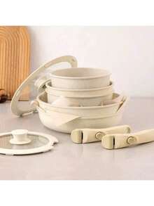 5pcs Detachable Cookware Set, Non-Stick Frying Pan, Saucepan, Detachable Handle, Marble Coating, High-Quality Pots And Pans, Heat-Resistant, Versatile Handle Can Be Used As Cookware Or Tableware - Multicolor - View 1