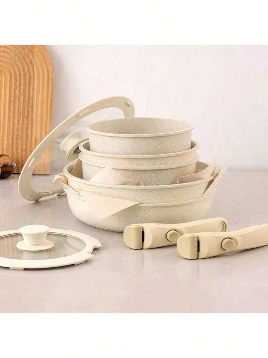 5pcs Detachable Cookware Set, Non-Stick Frying Pan, Saucepan, Detachable Handle, Marble Coating, High-Quality Pots And Pans, Heat-Resistant, Versatile Handle Can Be Used As Cookware Or Tableware - Multicolor - View 1