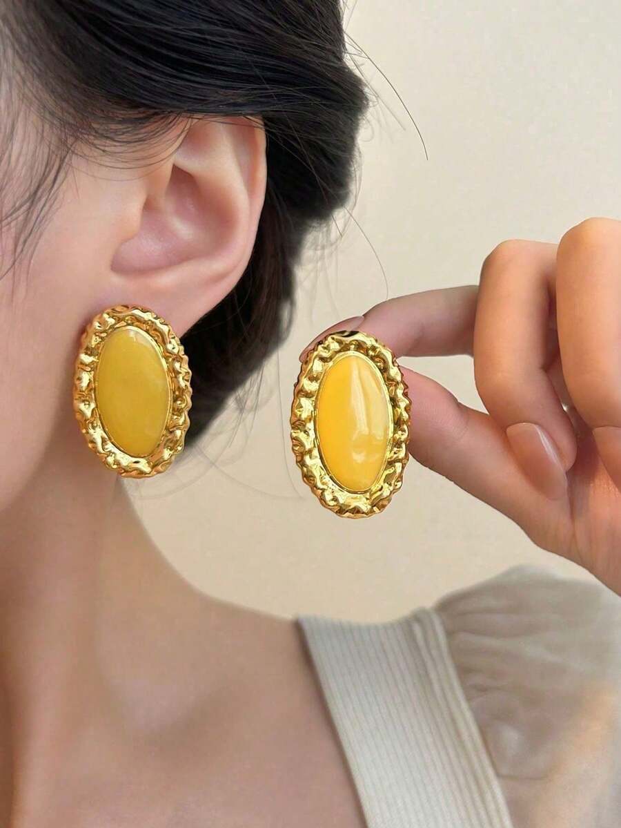 1 Pair Vintage French Style Enamel Oval Stud Earrings, Elegant Palace Style Earrings, Fashionable And Luxurious