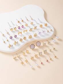 30 对银色金属水钻珍珠心形、叶子、花朵、字母耳钉套装，适合女士 - 彩色 - 查看 3