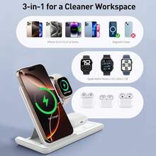 AmSengo 15W LED Fast Wireless Charger Stand 3 In 1 Foldable Charging Station For IPhone 16 15 14 13 12 11 Watch 9 8 7 6 5 Pro