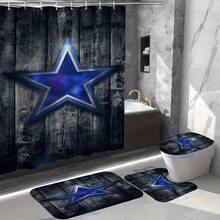 1/4 Stücke Vintage Stern Fußball Serie Duschvorhang Set mit rutschfester Matte, Fußball Serie Badezimmer Dekoration, Badezimmer Zubehör beinhaltet Badematte, U-förmige MatToilette, WC-Sitzabdeckung, wasserdichter 70.87x70.87 Inch Duschvorhang mit 12 Haken, verschiedene Größen erhältlich Weihnachtsdekoration