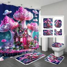Juego de 1/4 piezas de cortina de ducha con estampado de castillo de setas rosas, cortina de ducha impermeable con ganchos, alfombra antideslizante, alfombra para tapa de inodoro y alfombra en forma de U, juego decorativo completo para el baño, accesorios de baño