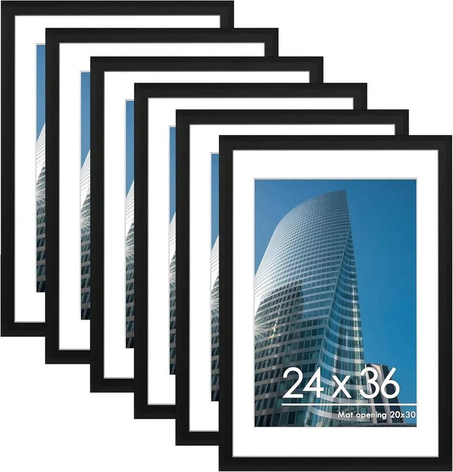 24x36 Poster Frame Set Of 6, Display Pictures 20 X 30 With Mat Or 24 X 36 Without Mat, Poster Frames 24 X 36 Inches For Wall Mounting Display, Black. - Black - View 1