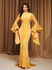 LOVE&LEMONADE Yellow Long Sleeve Flared Cuff Mandarin Collar Floor-Length Evening Gown