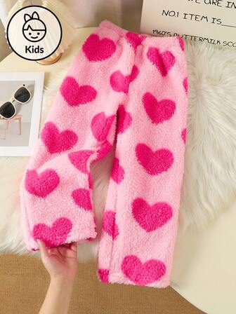 Girls Plus Size Coral Fleece Pajama Pants, Loose Casual Trousers With Double-Sided Plush Heart Pattern, Autumn/Winter 2025 New Arrival
