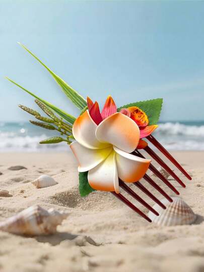 Peineta hawaiana de espuma con orquídeas artificiales (1 pieza) - Accesorios tropicales para el cabello de novia, con flores amarillas, azules, rosas y moradas brillantes y hojas verdes. Pinza de para cabello liso, ondulado o rizado. Ideal para bodas en la playa, fiestas tropicales y decoración. Pinza para el cabello con diseño floral realista. El mejor regalo para novias y damas de honor. También sirve como extensión de moño o horquilla.