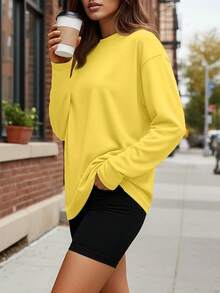 Womens Oversized Long Sleeve Shirts Basic Crewneck Tee Fall Tops Casual Workout Y2K Fashionable Clothes - Màu vàng - Xem 3