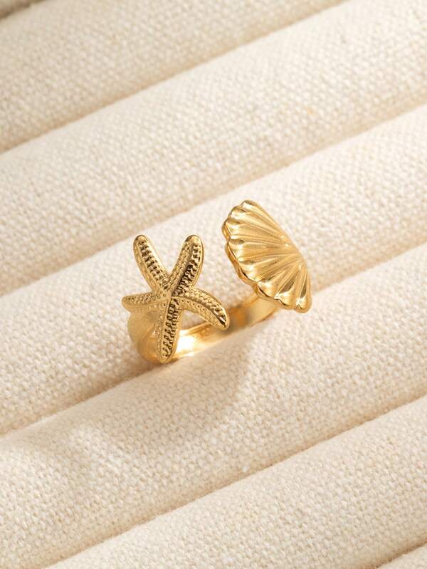 Marine Style Gold Starfish & Shell Open Ring Set