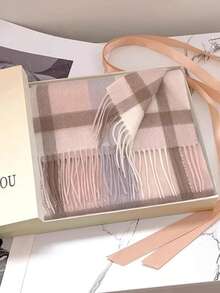 女士1件装100%羊毛格子围巾，高品质披肩，2025新款设计，冬季保暖围脖，生日礼物/连衣裙搭配 - 粉色 - 查看 2