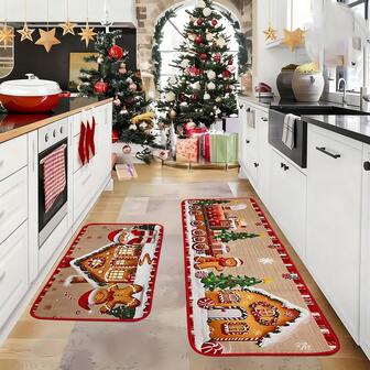 1 Piece Christmas Winter Decoration Gingerbread House Santa Claus Tree Kitchen Rug Non-Slip Brown Memory Foam Kitchen Mat Easy Clean Kitchen Rug Christmas Holiday Kitchen Bathroom Entryway Home Decor Gift