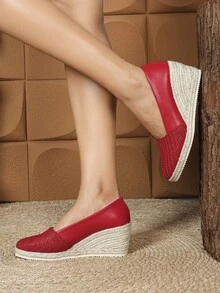 Mocasines con plataforma y suela gruesa para mujer - Elegante y de moda - Cómodos para uso casual - Serie de Oriente Medio - Estilo retro - Para trayectos diarios - Versátiles para uso casual - Minimalistas - Tacones altos - Slip-on - con perlas falsas - Tacones altos de plataforma baja - Trenzados - Zapatos de cuña con plataforma y suela gruesa para mujer - Rojo - Ver 14