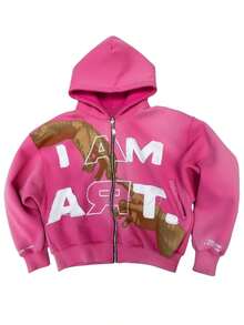 Classic Retro Aviator Jacket, Y2k Kawaii Pink Zip-Up Hoodies, Valentine'S Day Outfits For Women, Casual, Simple, Retro, Elegant, Versatile, Suitable For Commuting, Warm Valentine'S Day Couple Outfits With Letter Print Pattern "I Am Art". - 粉色 - 查看 4