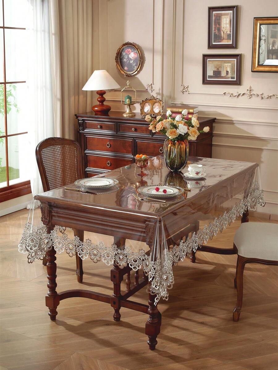 1pc Table Cover, PVC Tablecloth, Waterproof And Oil-Proof Table Cover, Non-Slip Lace Border Table Cover, Dust-Proof Dining Mat For Kitchen, Restaurant, Party Decor, Home Supplies
