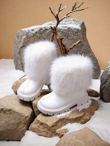 1 Pair White Princess Mid-Calf Boots For Girls, Fashion Zipper Design, Anti-Slip Rubber Soft Bottom, Warm Fur Collar, Soft PU, Thick Sole, Elevated, Suitable For Performance, Skiing, Snowball Fighting, Infant & Toddler Girls, Winter 2025 New Arrival - White - View 18