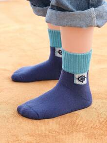 5 双儿童厚款保暖内衬锚形图案中筒保暖袜，秋冬款