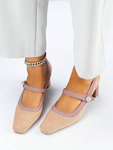 1 Par de Sapatos de Salto Alto Elegantes e Versáteis com Bloco de Cores, Bombas de Tira de Pérola com Fivela de Bico Quadrado e Salto Grosso para Mulheres, Novos Lançamentos para Primavera/Outono