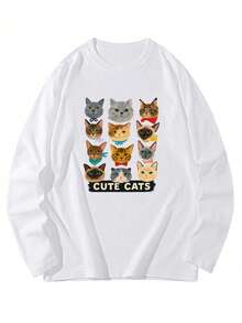 女式休闲宽松卡通猫咪印花长袖T恤，棉质，春秋装 - 白色 - 查看 3