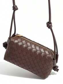 新款压花编织相机包，时尚百搭单肩包，小众轻便斜挎包，打结带相机包 - 咖啡 - 查看 1