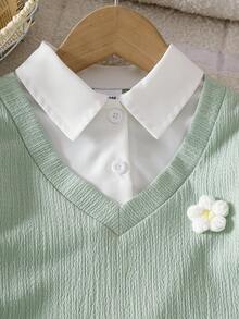 2 buc. Bluză 2 în 1 cu guler polo, casual, cu mânecă lungă și pantaloni tricotați Jacquard, drăguță și elegantă, pentru bebeluși, fetițe