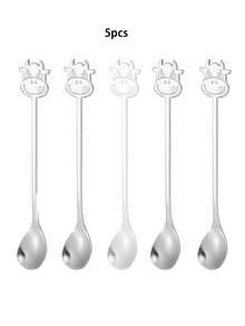 1/5/10 Pcs Creative Stainless Steel Spoons - Cat Paw, Shell, Bull Head, Sunflower Designs, Handmade Mirror Polished Mugs, Coffee & Dessert Spoons - Multicolor - View 17