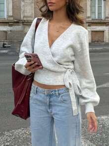 HoloChill Women Young Influencer Casual Solid Color Cinched Waist Bow Pullover Long Sleeve Sweater, Summer Casual New Versatile Top - Grey - View 6