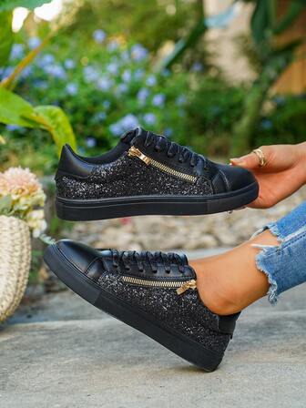 女士舒适休闲运动鞋，户外时尚拼接银色圆头运动鞋，经典时尚系带侧拉链滑板鞋