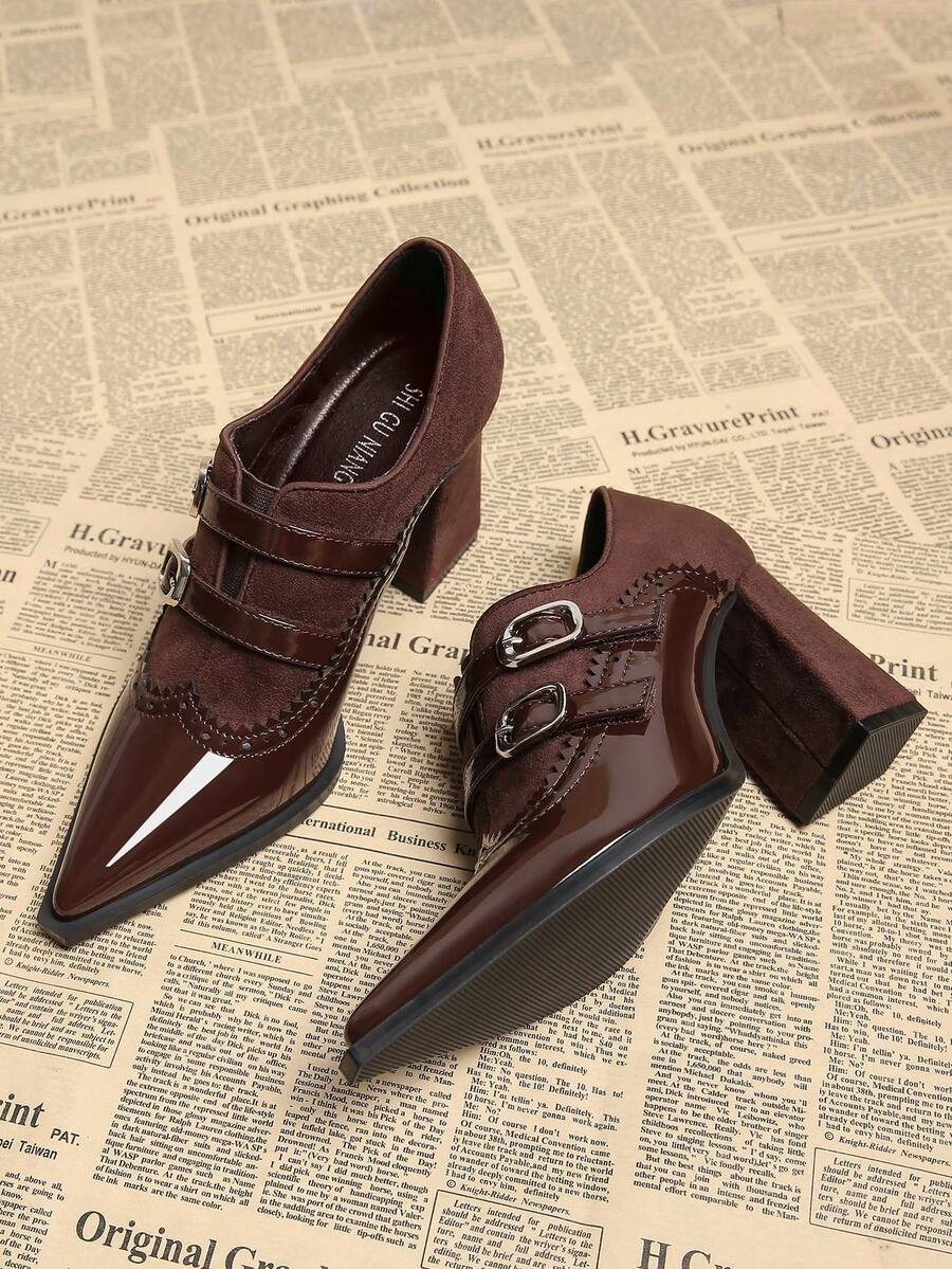 2025春季新款尖头低帮高跟鞋优雅简约时尚女鞋黑色系带布洛克雕花骑士风英伦风粗跟浅口鞋 - 酒紅色 - 查看 1