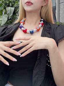 1pc New Colorful Billiard Table Necklace, Unique Dopamine Color Pearl Adjustable Choker Necklace