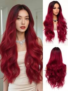 角色扮演长波浪假发，渐变红色中分款式，易于护理，女士日常派对假发，Y2K 合成蓬松时尚酷女孩假发，浪漫优雅万圣节圣诞节音乐节服装假发，浪漫休闲街头耐热假发，30 英寸 - 漸層紅色 - 查看 1