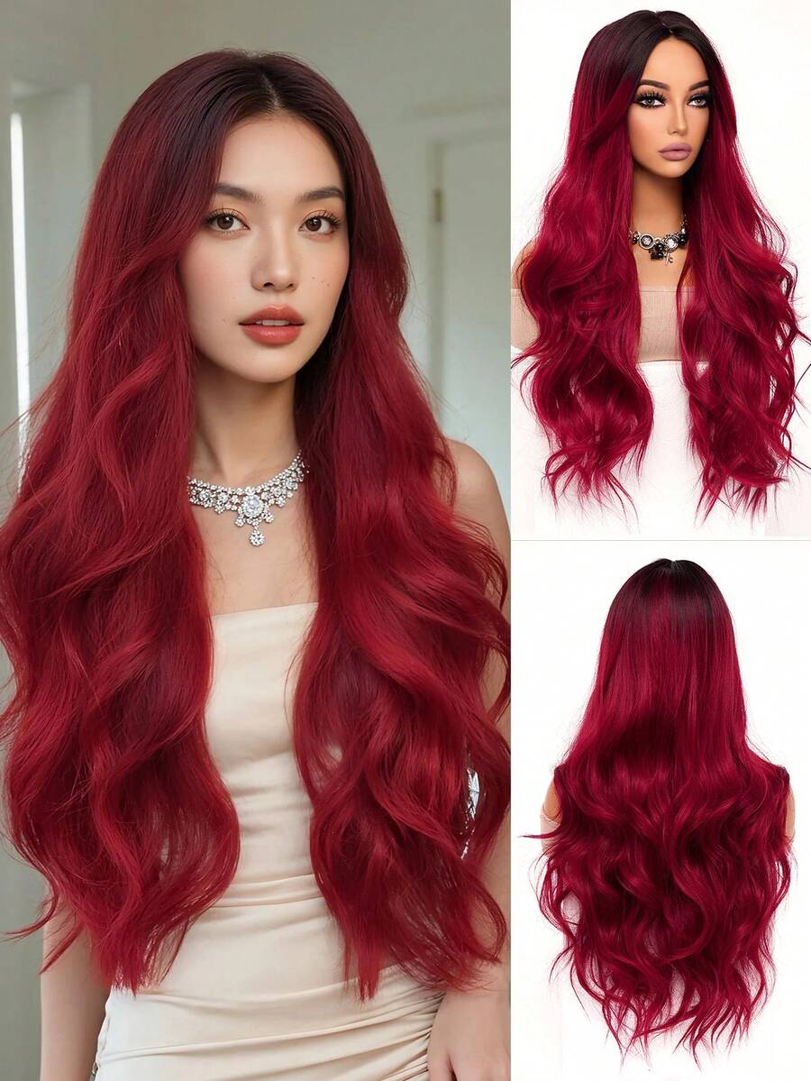 角色扮演长波浪假发，渐变红色中分款式，易于护理，女士日常派对假发，Y2K 合成蓬松时尚酷女孩假发，浪漫优雅万圣节圣诞节音乐节服装假发，浪漫休闲街头耐热假发，30 英寸 - 漸層紅色 - 查看 1