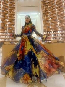 女式立领随机印花撞色、独特袖子、系腰带优雅长袖连衣裙 - 彩色 - 查看 8