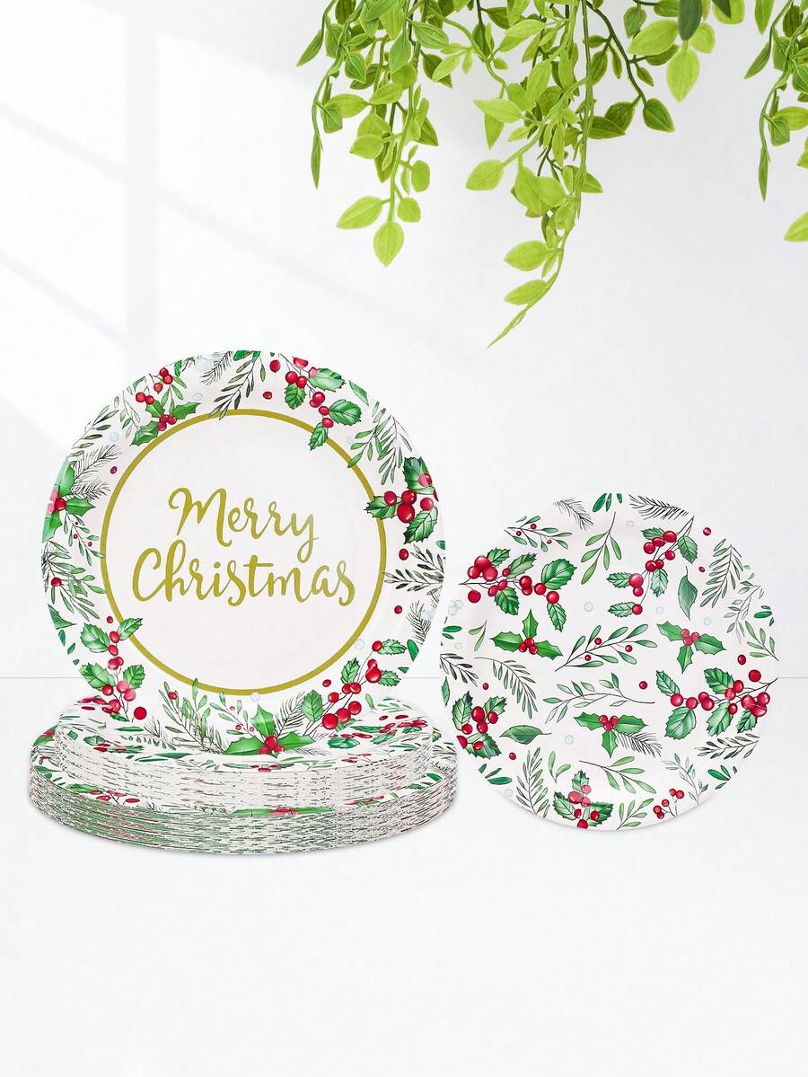 10pcs/20pcs/50pcs Christmas Paper Plates With Holly Leaves Red Berries 9 Inch Berry Dinner Plate 7 Inch Cake Plates For Xmas Holiday Wedding Birthday Merry Christmas Green And Red Party Supplies Decor - Multicolor - View 1