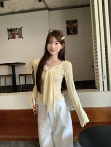 芥末黄高领修身短袖/长袖T恤，2025秋季休闲春季款 - 黃色 - 查看 3