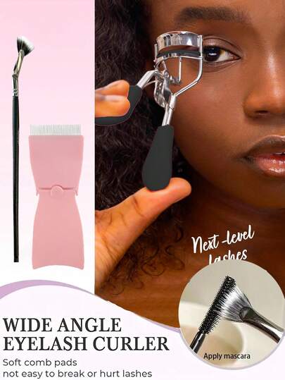 Eyelash Curler+Portable Mascara Brushes For Eyelashes, Foldable Curved Eyelash Brush, Fan-Shaped, Multifunctional Eyelash Brushes, Make Up Tool For Upper Lower Eyelashes And Eyebrows, Durable Trimming Brush Tool, Eyebrow Comb, Makeup, Pink For Ladies