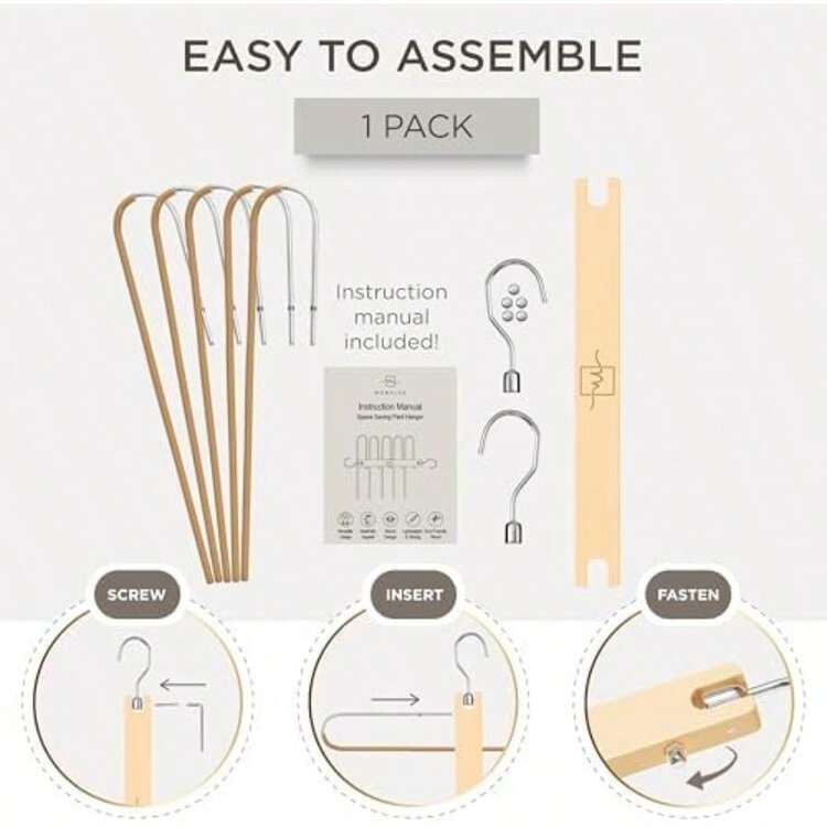 MORALVE Pants Hangers Space Saving -  European Beechwood Scarf And Jean Hangers - Closet Organizer And Space Saver Pant Rack, Leggings Hanger, And Scarf Holder With 360° Swivel Hook(1 Pack Natural) - Type5 - 查看 7