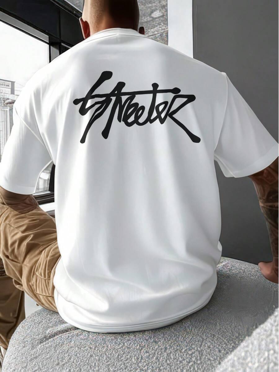 Camiseta de manga corta de cuello redondo con ajuste holgado para hombre, con impresión de letras en inglés, adecuada para el verano y para usar en el trabajo y en la calle - Blanco - Ver 1