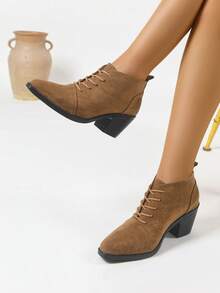 女式粗跟经典卡其色系带踝靴，时尚方头仿麂皮短靴，新款秋冬短靴 - 卡其色 - 查看 2