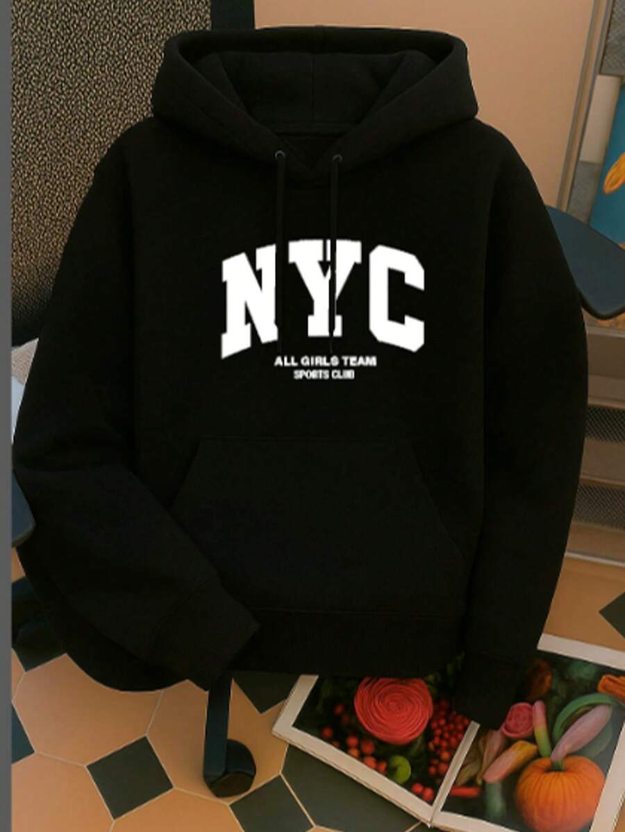 Sudadera con capucha gruesa para mujer Unitalla con estampado , de estilo casual y sencillo, adecuada para otoño/invierno - Negro - Ver 1