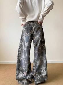 American Style Design Full Of Star Print Ripped Jeans, Fashionable And Versatile For Men And Women, Vintage Washed Curved Knife Pants