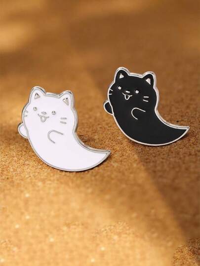 1/2pcs Japanese Cartoon Animal Black & White Cat Brooch, Zinc Alloy Cat Ghost Badge, Halloween Style Cat Pin Decor For Clothes, Backpack, Accessories Christmas Gift