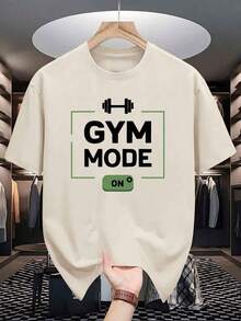 GYM MODE Men's White T-Shirt - Casual & With Dumbbell Graphic, Short Sleeve, Round Neck, Polyester & Spandex Blend, Perfect For Summer Workouts & Casual Attire; Women's Autumn Cotton Loose T-Shirt: Soft Winter Inner Wear Fashion Design, Soft Fabric,  Loose Fit, Hip-Hop Street Style, Unisex, Suitable For Home And Daily Wear - 杏色 - 查看 1
